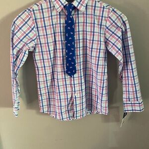 NWT Izod  Blue and Pink Plaid Dress Shirt and clip on‎ tie boys size 7